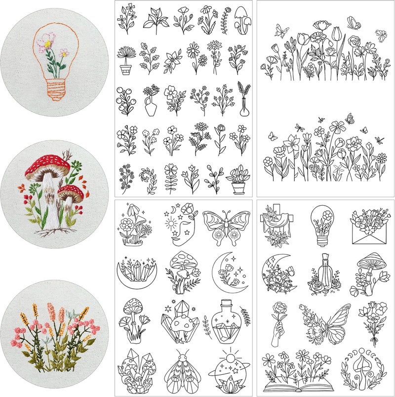 CRASHOT Water Soluble Embroidery Patterns Stabilizer - 4 Sheet Stick & Stitch Embroidery Paper Wash Away, Mushroom Moon Flower Floral Book Butterfly Designs, Suprise for Hand Sewing Lover - Image 1
